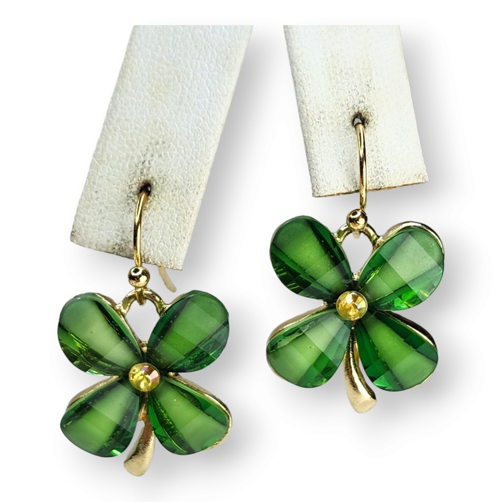 Cute Adorable Green Lucky Four Leaf Clover Dangle Earrings